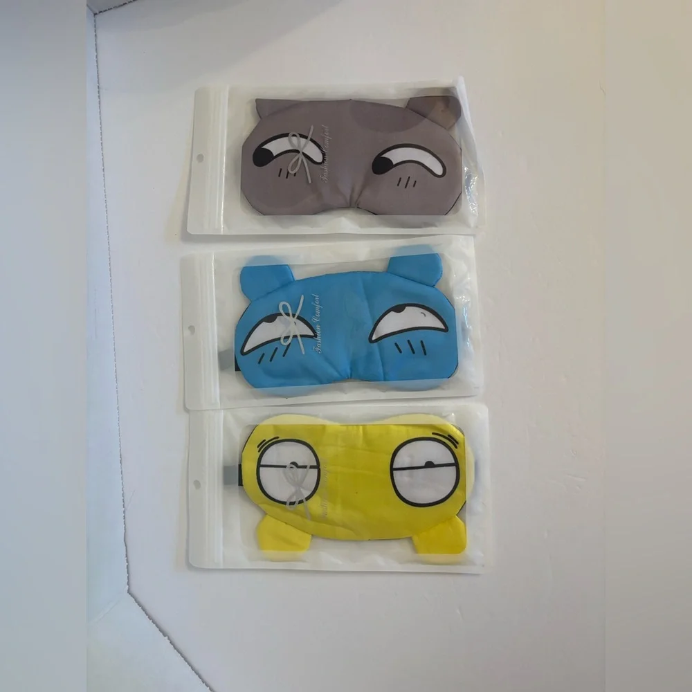 New 3 Pk Blackout Sleep Masks Cartoon Silky Yellow Blue Gray Black Adjustable OS